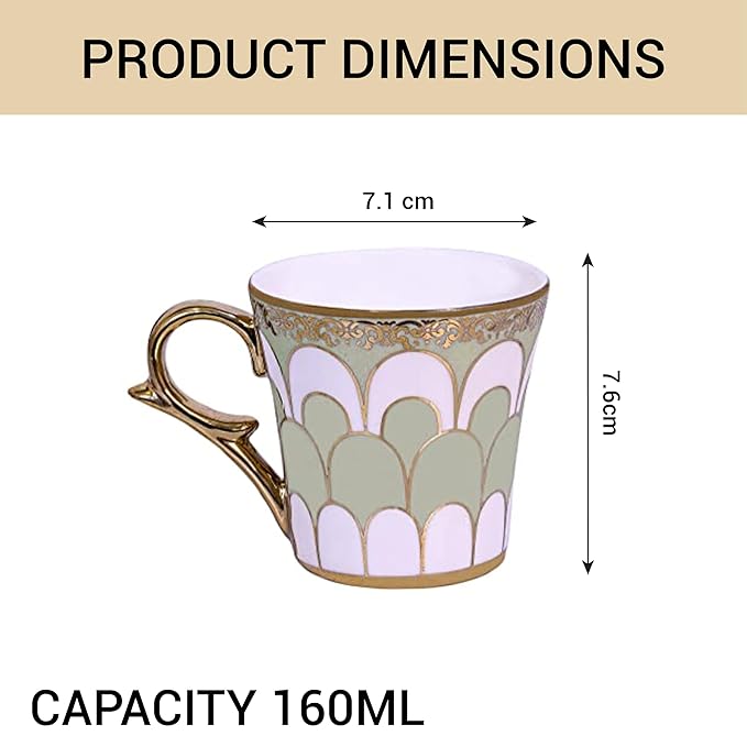 Water Drop Scale Pattern Golden Tea Mugs, Ceramic Tea Cups, Coffee Mugs, 160 ml, Green, 6 Pieces Set