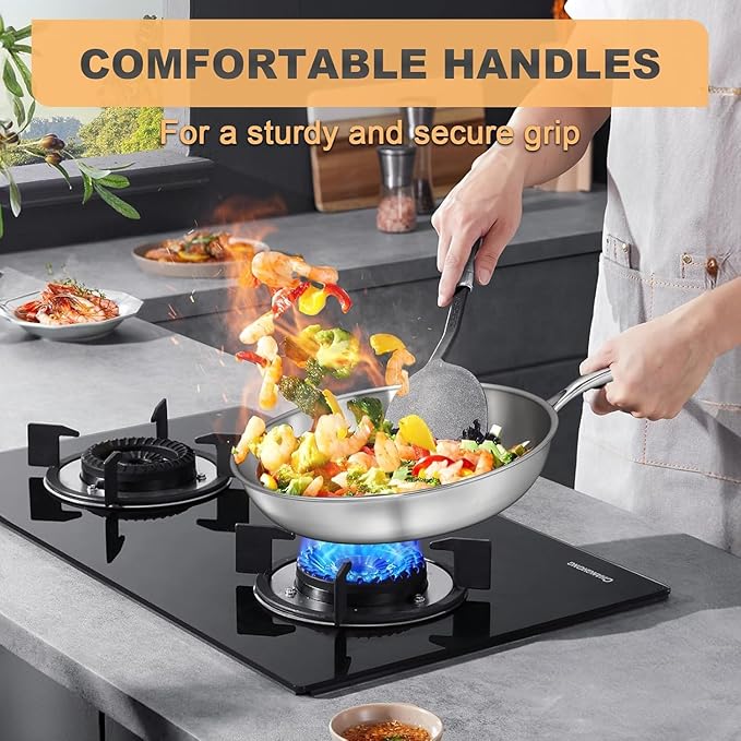 304 Stainless Steel Frying Pan with Glass Lid & Long Handle – Durable Skillet for Searing, Sautéing, Stir-Frying, Simmering & Pan-Frying Daily Meals – Suitable for Gas, Electric & Induction Cooktops – Available in 22cm, 24cm, 26cm & 28cm