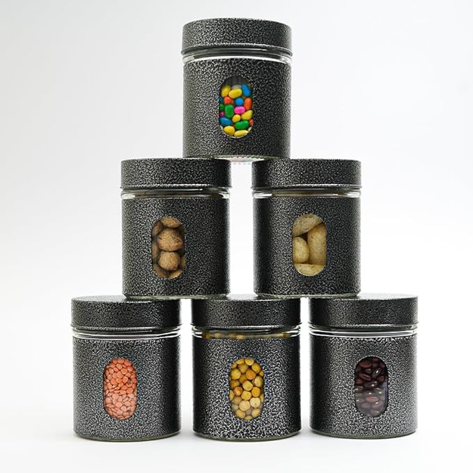 Carbon Steel Jar for Kitchen Storage With Clear Glass Window and Carbon Steel Lid, 300 ml, Set of 3