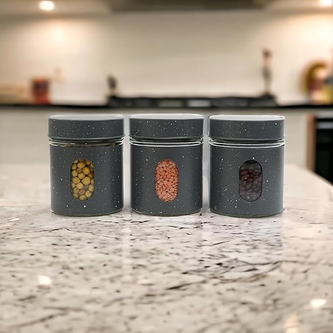 Carbon Steel Jar for Kitchen Storage With Clear Glass Window and Carbon Steel Lid, 300 ml, Set of 3