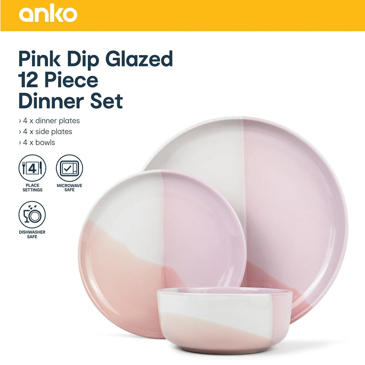 Stoneware Pink Dip Glazed 12 Pieces Solid Dinner Set for 4 4 Dinner Plates 4 Side Plates 4 Bowls