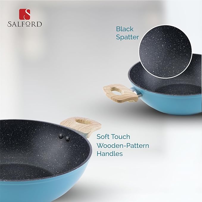 Forged Non-stick Kadhai + Glass Lid With Soft Touch Wooden Handle, Black Spatter Finish Dusty Blue- 240 mm