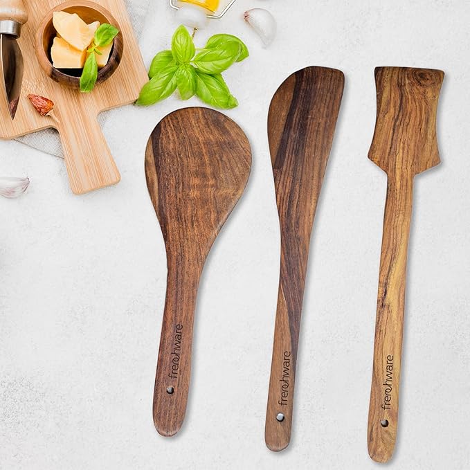 Pure Sheesham Wood Spoons and Spatula for Non Stick Cookware Used for Cooking, Baking & Mixing Set of 3, Brown