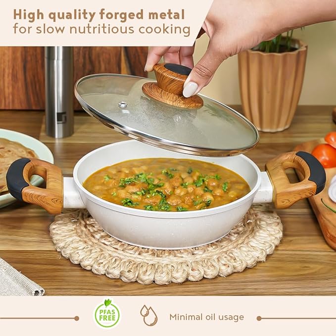 Naturally Forged Nonstick 28 cm Kadai With Glass Lid, 3.3 L Capacity
