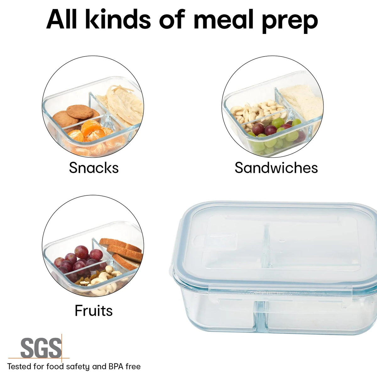 3-Compartment Glass Box, Lockable Lids, Leak-Proof, Spill-Proof, Clear