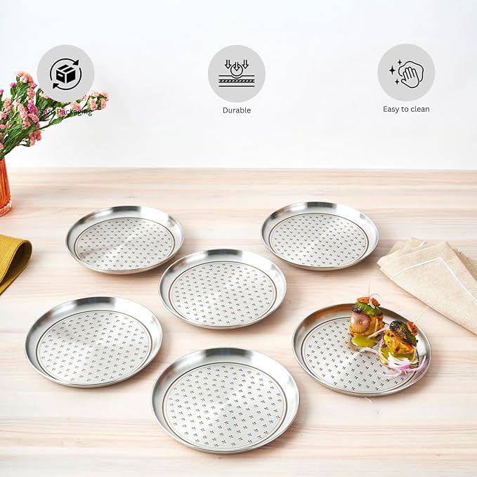 Stainless Steel Quarter Plate Set of 6, Salad and Snacks, Flower Dot Patterns