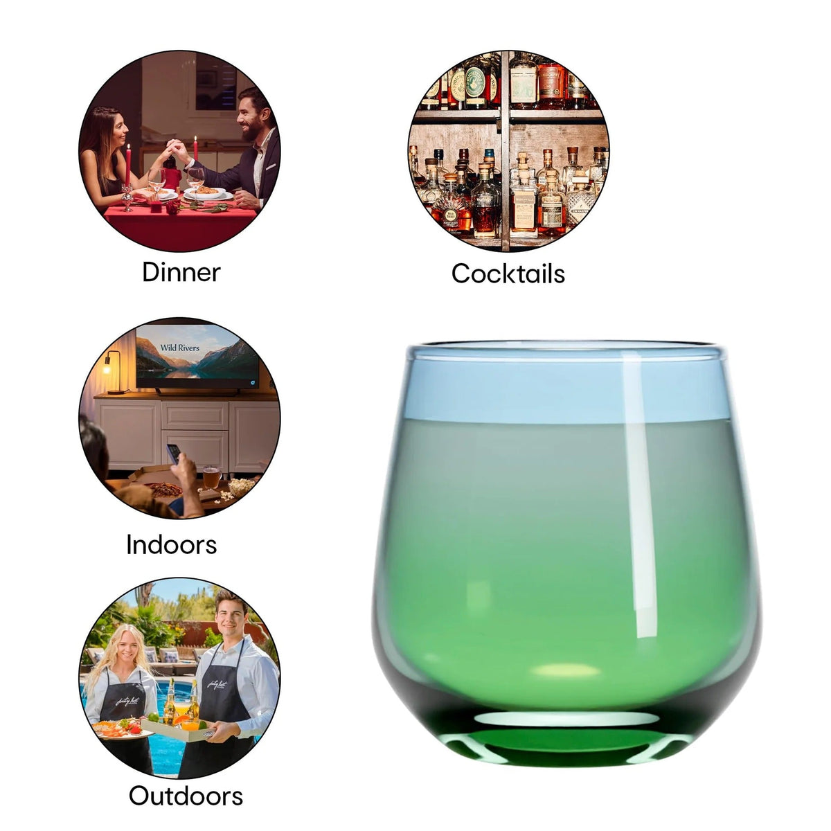 430 ml Dual Tone Stemless Glasses Set of 6, Blue Green
