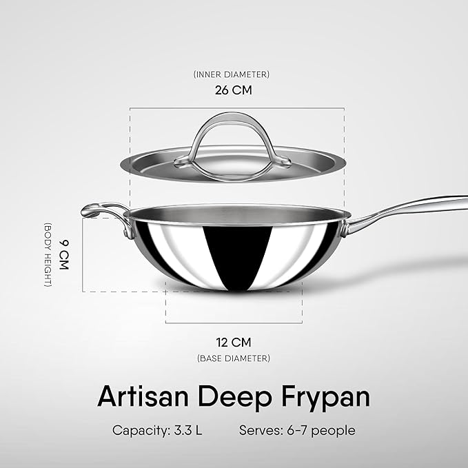 Triply Stainless Steel Wok With Lid, Stir Fry Wok, Induction & Gas Stove Compatible, 3.3 L, 26 cm