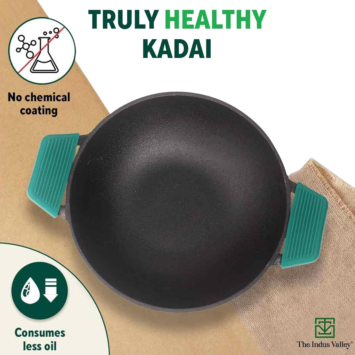 Pre-Seasoned Cast Iron Kadai with Silicon Grip