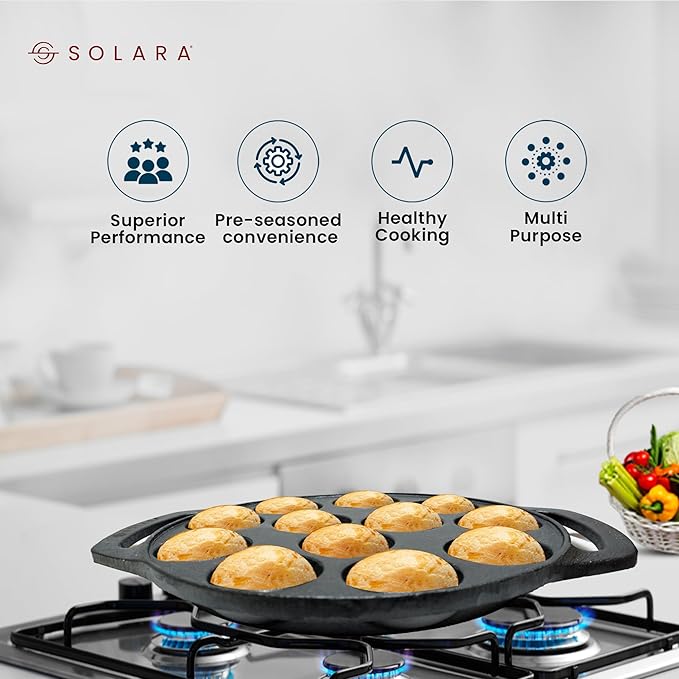 Pre Seasoned Cast Iron Paniyaram Pan 12 Cavities 20 cm Appam Patra, Paniyarakkal Pan, Cast Iron Cookware