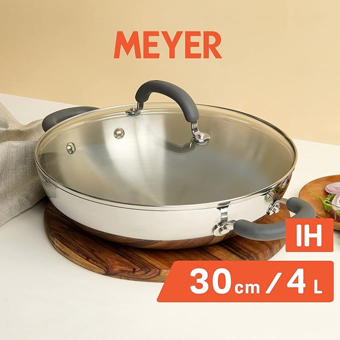 Trivantage Nickel Free Stainless Steel Triply Kadai with Steel Lid 30 cm Silver