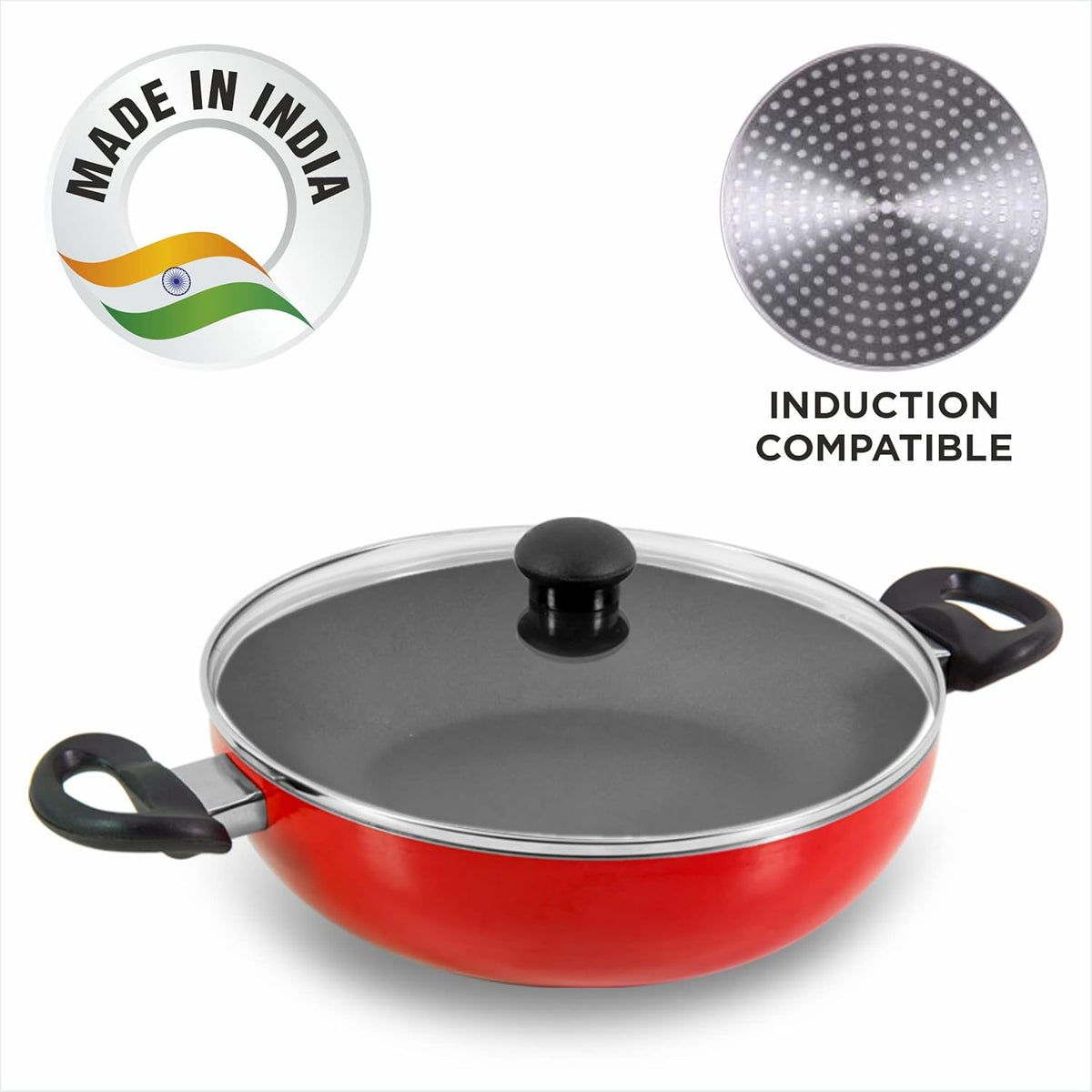 Coral DLX Granite Non Stick Kadai with Glass Lid, Premium Virgin Aluminium, Induction Base