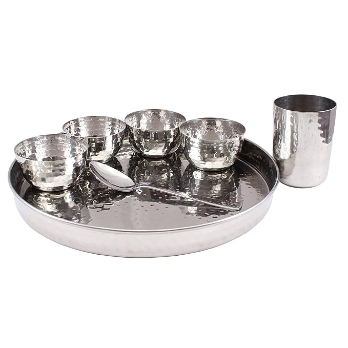 Stainless Steel Dinner Set/Thali Set of 1 Plate 4 Bowls 1 Glass & 1 Spoon (7 Pieces)