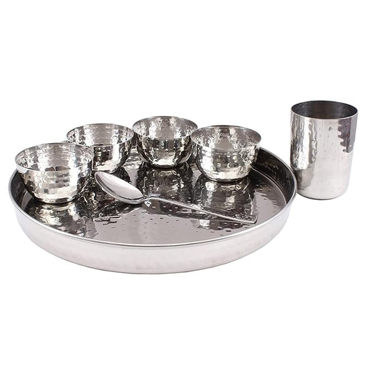 Stainless Steel Dinner Set/Thali Set of 1 Plate 4 Bowls 1 Glass & 1 Spoon (7 Pieces)