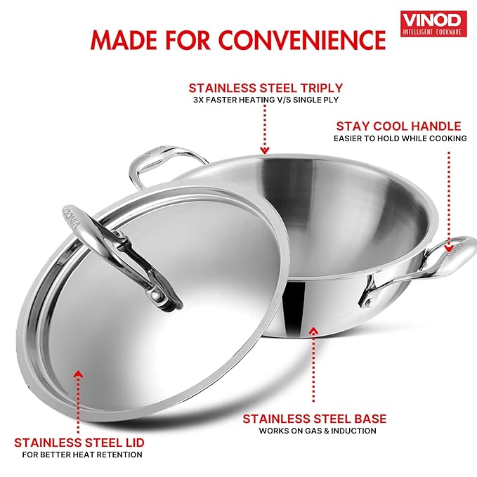 Triply Stainless Steel Kadai, 3.2 L, 24 cm, 2.5 mm Thick Extra Deep Kadhai With Lid for Cooking