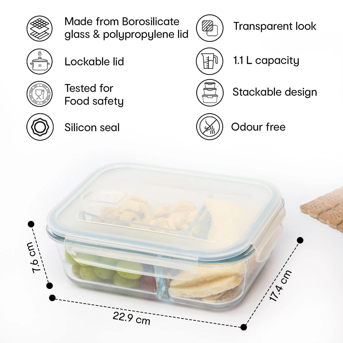 3-Compartment Glass Box, Lockable Lids, Leak-Proof, Spill-Proof, Clear