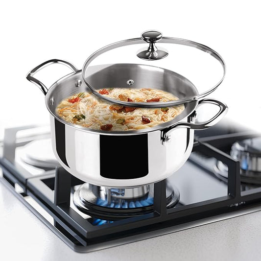 Triply Stainless-Steel Casserole Handi/Stock Pot/Biryani Pot with Glass Lid 16 cm, 1.6 L