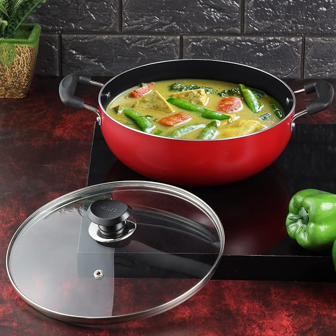 Non Stick Deep Kadhai with Glass Lid - 3.1 L, 24 cm, 3 mm Thick, 3 Layer Coating