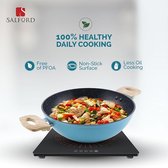 Forged Non-stick Kadhai + Glass Lid With Soft Touch Wooden Handle, Black Spatter Finish Dusty Blue- 240 mm