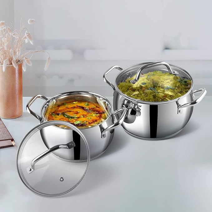 Stainless Steel 2 Piece Almaty Sauce Pot With Glass Lid, Diameter 14 & 16 cm, Capacity 1.3 & 2 L