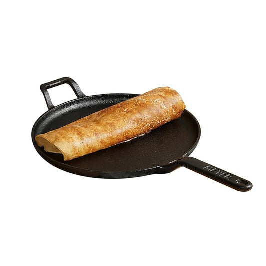 Pre-Seasoned Cast Iron Flat Dosa, Roti, Chapati Tawa Pan with Stick Handle 28 cm, Black