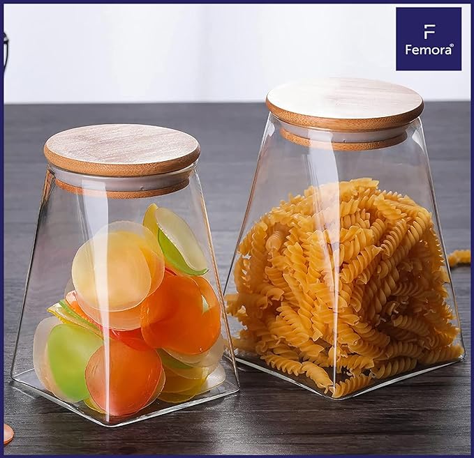 Kitchen Storage Jars Borosilicate Glass Jars for Kitchen With Wooden Lid Air Tight Jar, 900 ml, Pack of 4