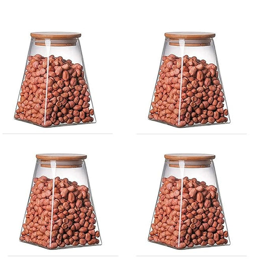 Kitchen Storage Jars Borosilicate Glass Jars for Kitchen With Wooden Lid Air Tight Jar, 900 ml, Pack of 4