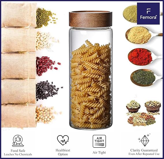 Kitchen Storage Jars Borosilicate Glass With Wooden Lid Air Tight Jar, 750 ml, Pack of 1, Transparent