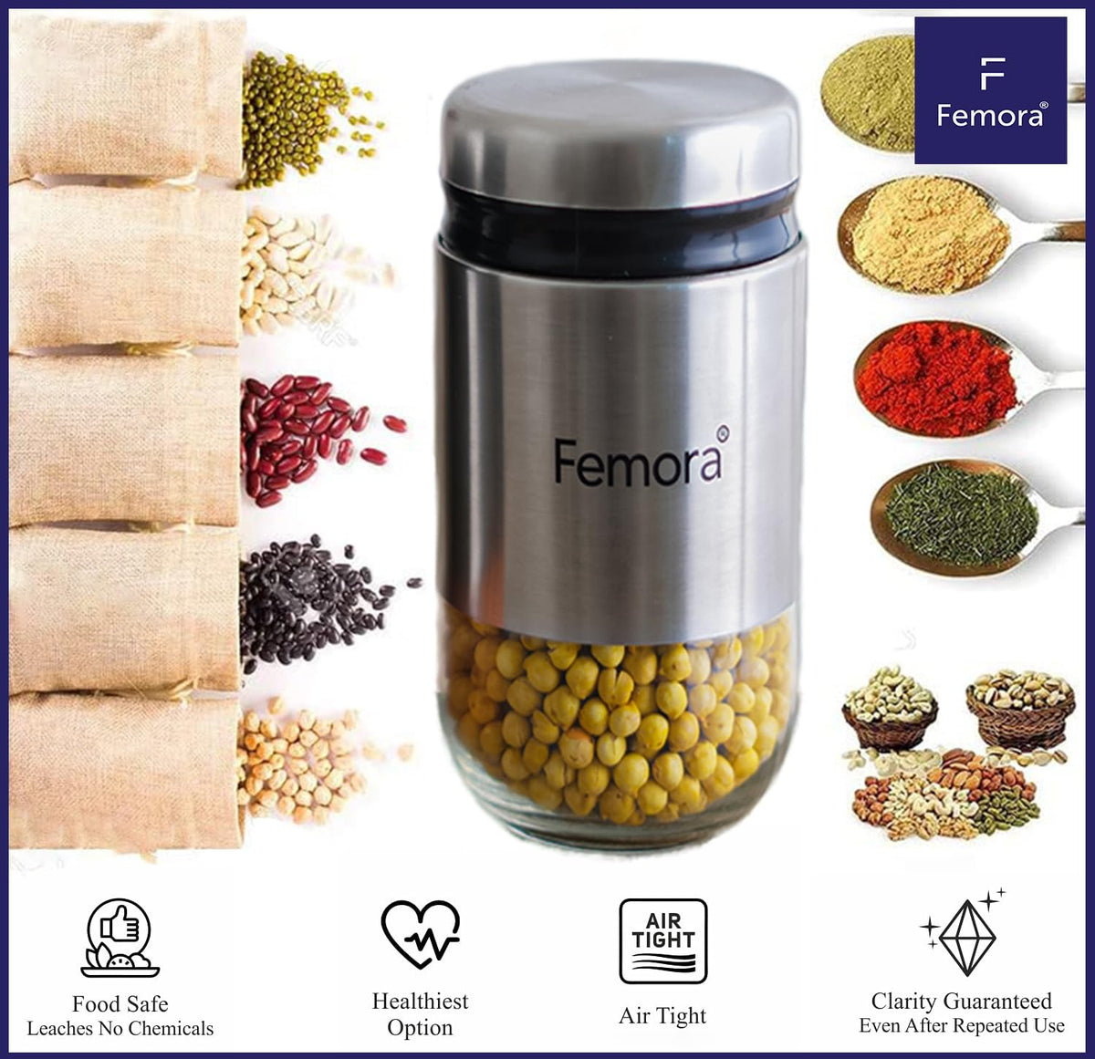 Kitchen Storage Jars Steel Body With See Through Bottom Jar, 900 ml, Set of 2