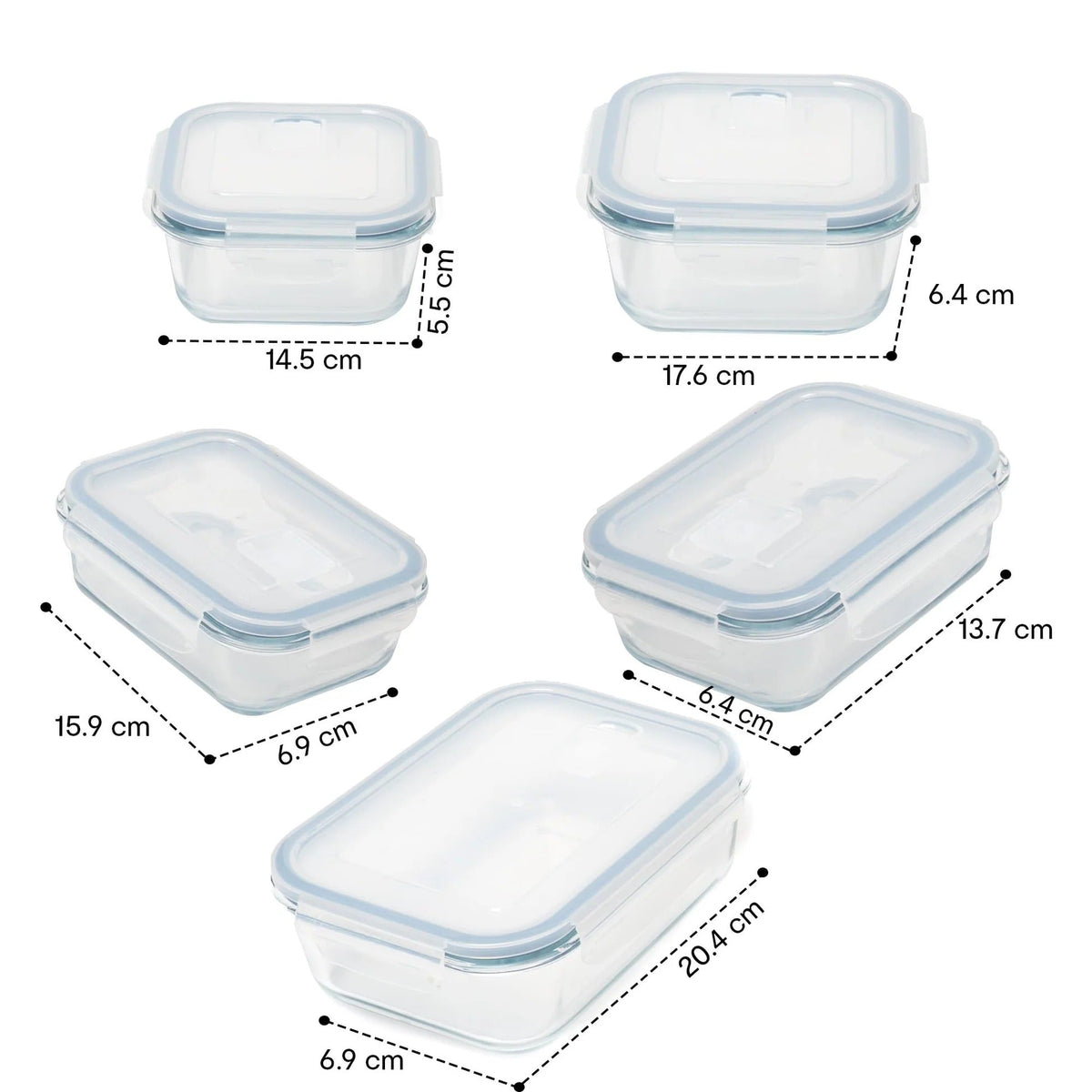 5-Piece Glass Storage Container Set, Lockable Lids, Leak-Proof, Spill-Proof, Clear