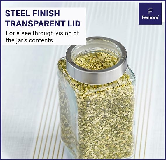 Kitchen Storage Jars Transperent Glass With Steel Lid Air Tight Jar, 2000 ml, Pack of 4