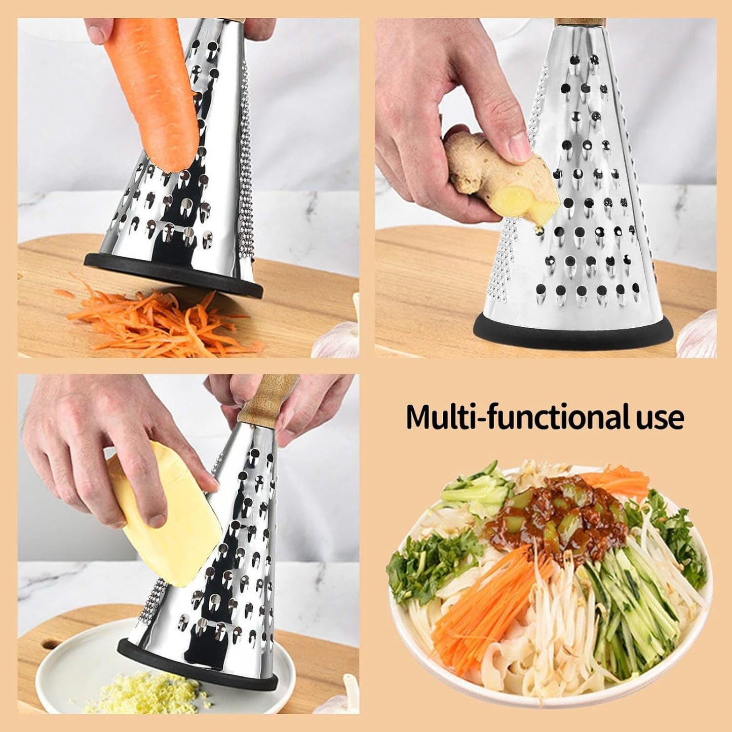 Multi-functional Stainless Steel Cone-Shaped Cheese Grater with Container and Wooden Handle – Perfect for Parmesan Cheese, Vegetables, and Fruits in a Vintage Style