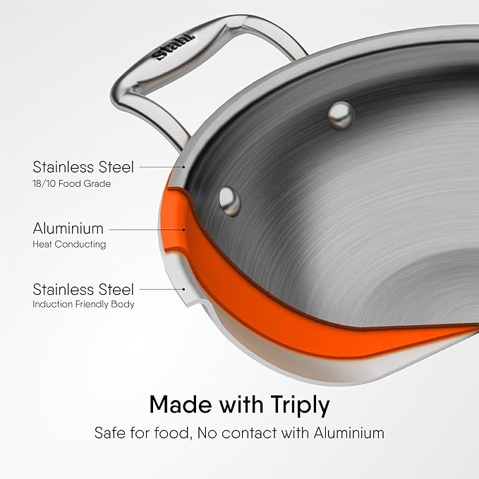 Triply Stainless Steel Kadhai With Lid, Kadai for Cooking, Induction & Gas Stove Compatible, 0.8 L, 16 cm