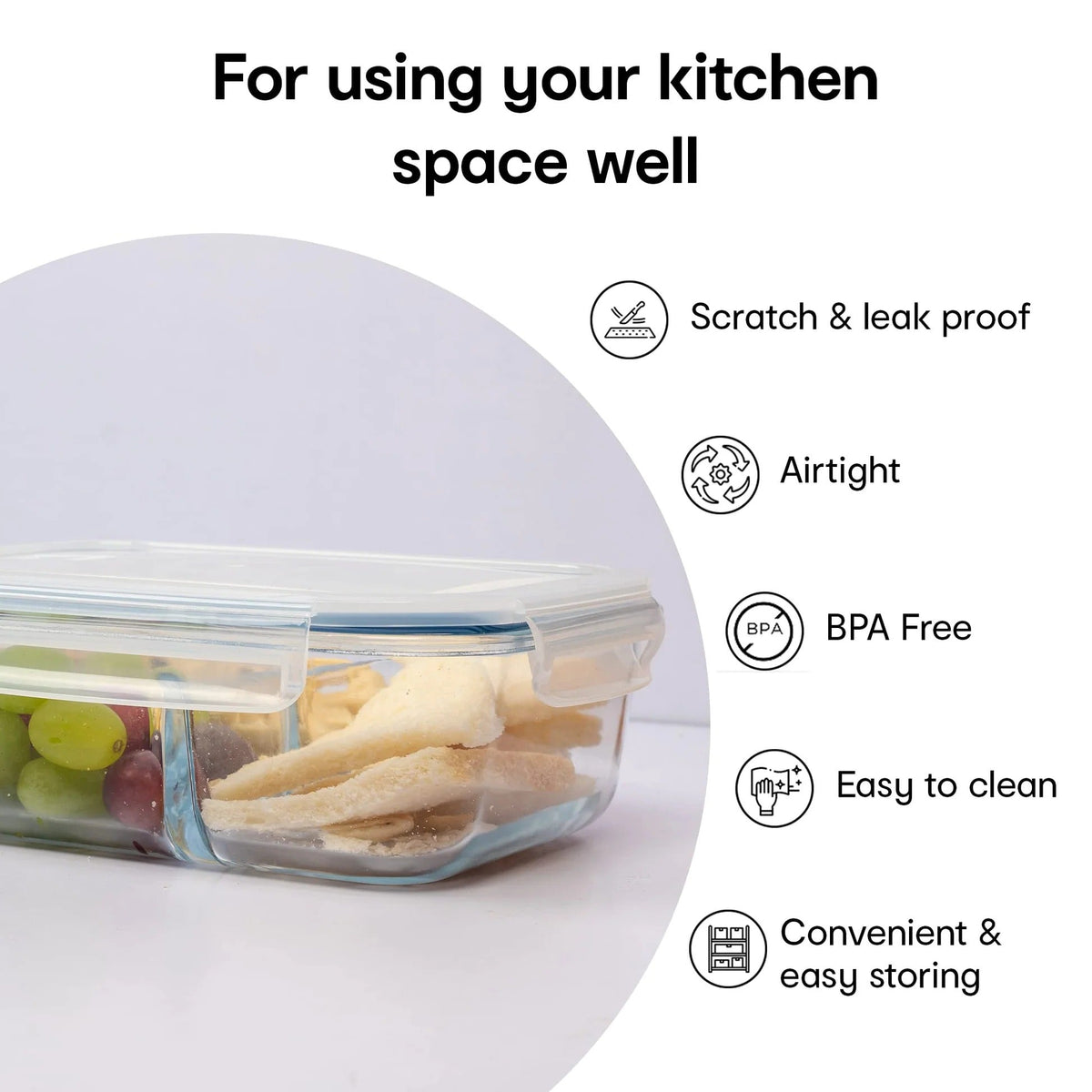 3-Compartment Glass Box, Lockable Lids, Leak-Proof, Spill-Proof, Clear