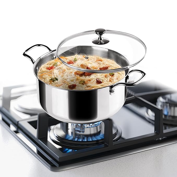 Triply Stainless Steel Sandwich Bottom Casserole Handi/stock Pot/biryani Pot With Glass Lid 20 cm