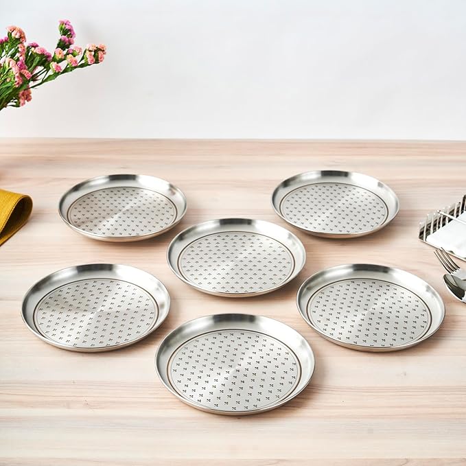 Stainless Steel Quarter Plate Set of 6, Salad and Snacks, Flower Dot Patterns