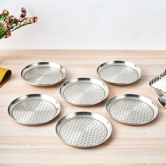 Stainless Steel Quarter Plate Set of 6, Salad and Snacks, Flower Dot Patterns