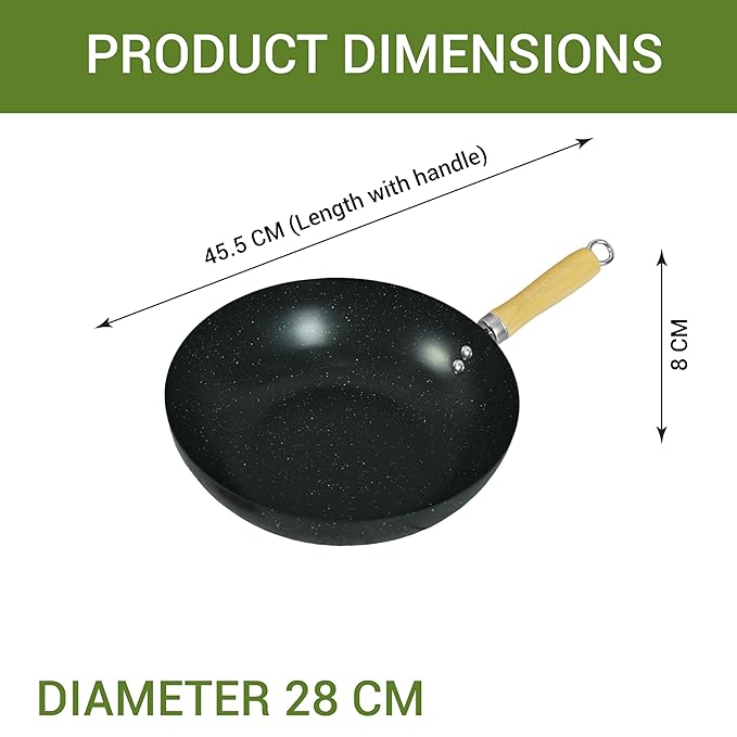 Carbon Steel Wok 28 cm With Wooden Handle, 3 Layer Non-stick Coating Wok, Black