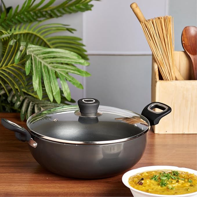 Hard Anodised Non Stick Deep Kadhai with Glass lid - 4.1 L, 26 cm, 3.25 mm Thick, 5X Non Stick
