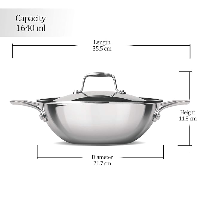 Triply Stainless Steel 20 cm Kadai With Lid, 1.6 L