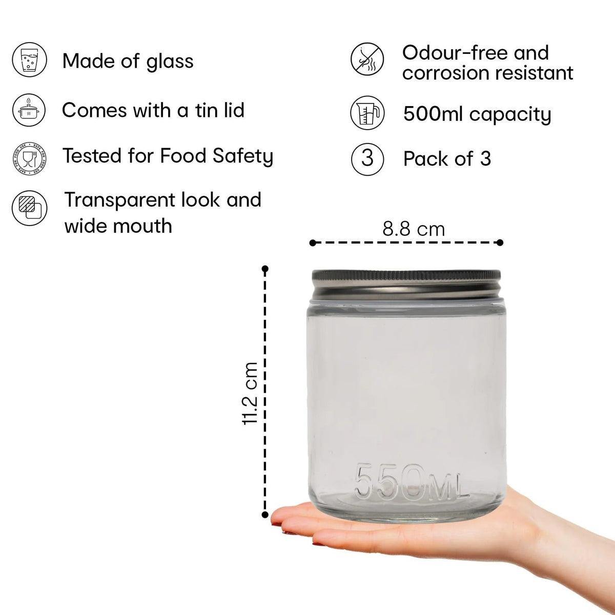 Set of 3 Clear Glass Jars 550 ml, Airtight, Tin Lid, Kitchen Storage