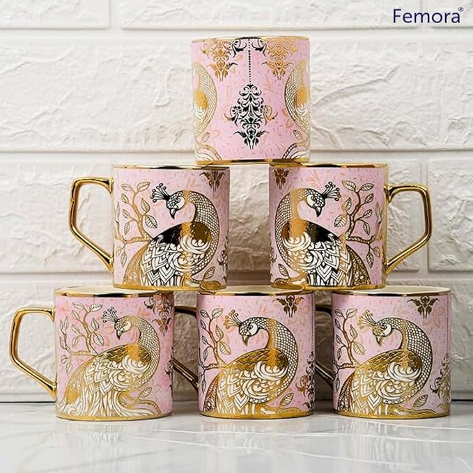 Premium Pink Peacock Pattern Golden Ceramic Coffee & Tea Cup Set of 6, 180 ml, Pink