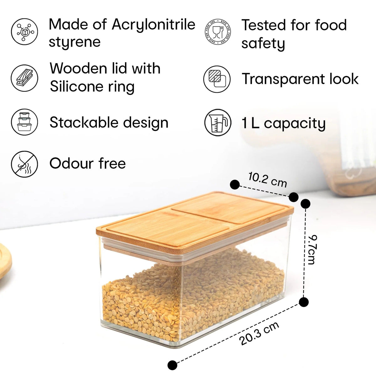 1 L Acrylic Airtight Food Storage Container with Bamboo Wood Lid, BPA-Free, Clear