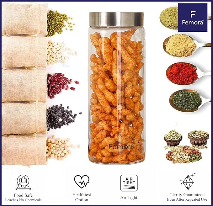 Kitchen Storage Jars Borosilicate Glass With Steel Lid Air Tight Kitchen Jar and Container, 1100 ml