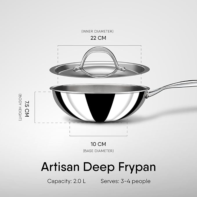 Triply Stainless Steel Wok With Lid, Tri Ply Deep Steel Kadai, Deep Fry Pan With Induction Base, Dia 22 cm