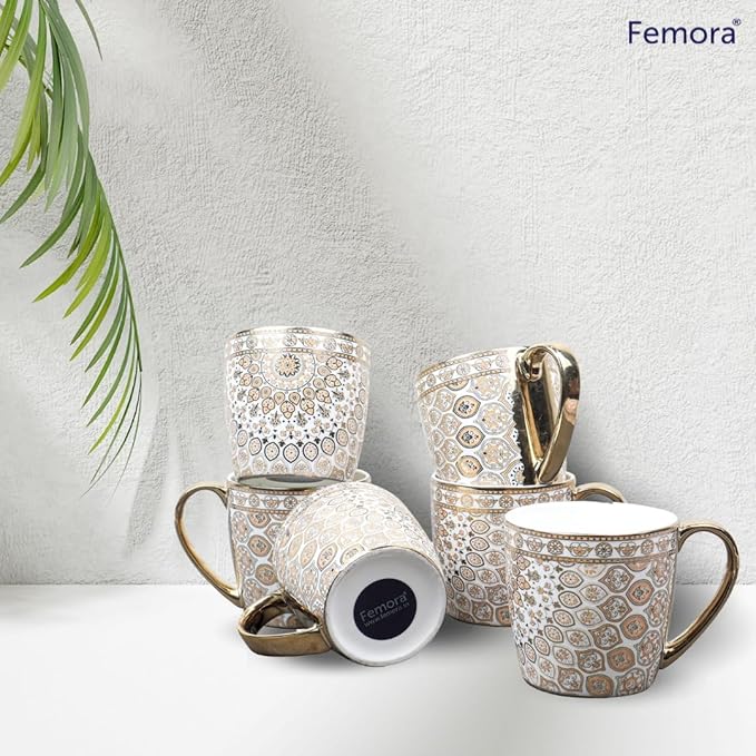 Premium Ceramic Floral Medallion Coffee & Tea Cup Set of 6, 160 ml, Golden