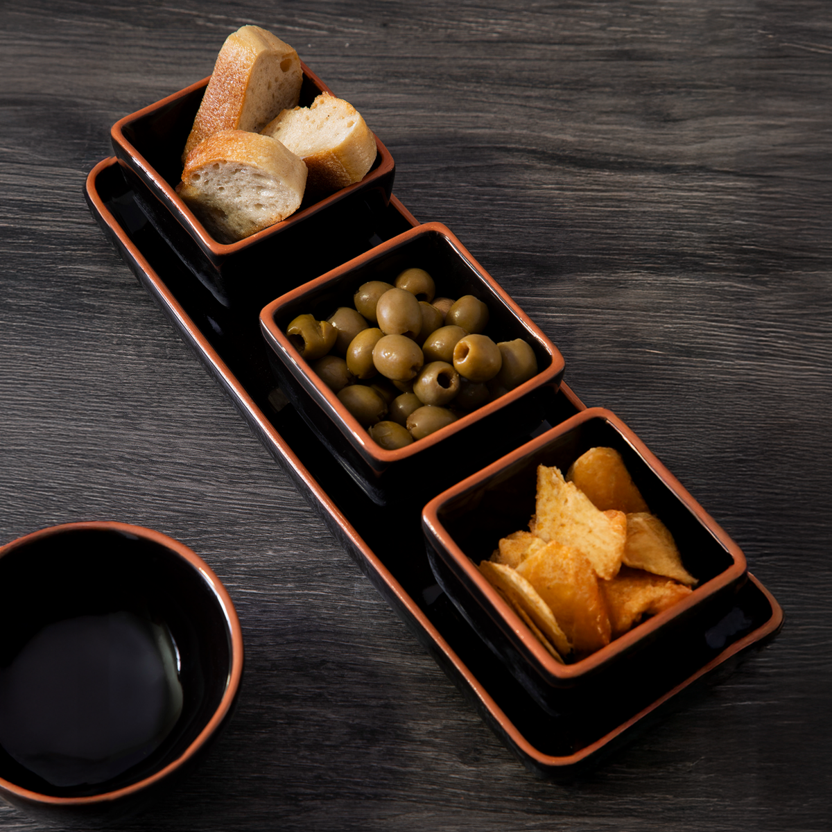 Terracotta Set of 3 Dip Bowls with Black Tray