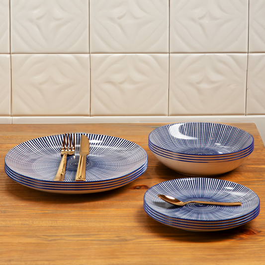 12 Piece Blue and White Square Pattern Dinner Set