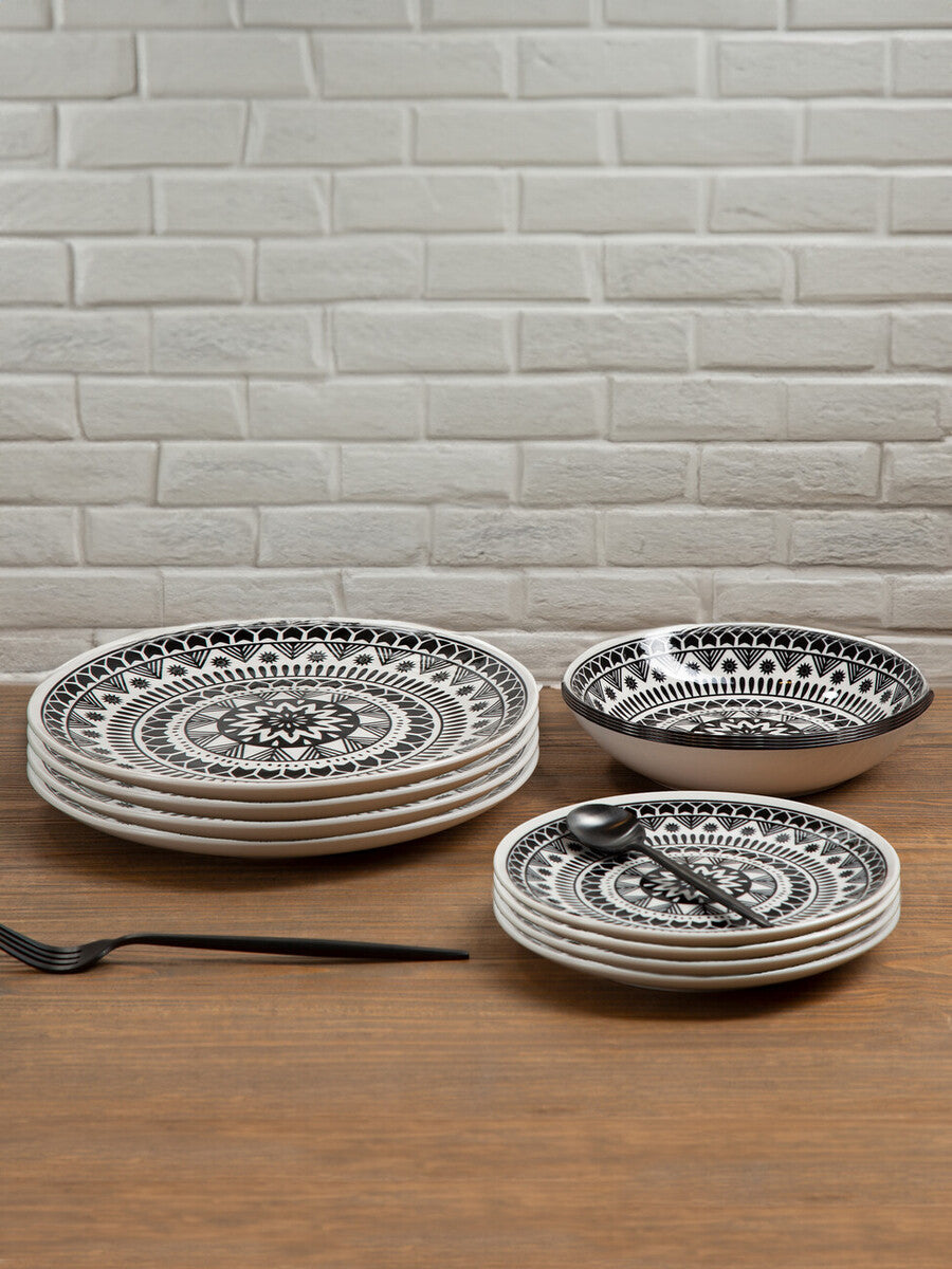 12 Piece Black and White Sun Motif Dinner Set