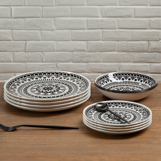 12 Piece Black and White Sun Motif Dinner Set